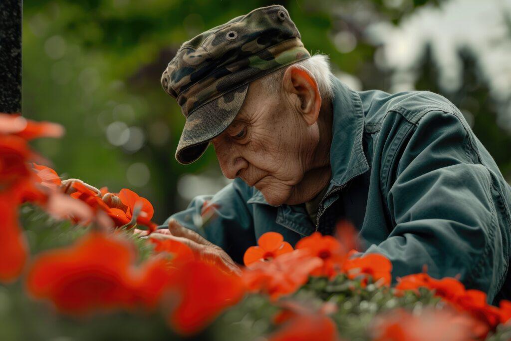 Ein älterer Mann in Militärkleidung beugt sich über leuchtend rote Blumen, tief in Gedanken versunken. Symbolisiert Trauer und Reflexion.