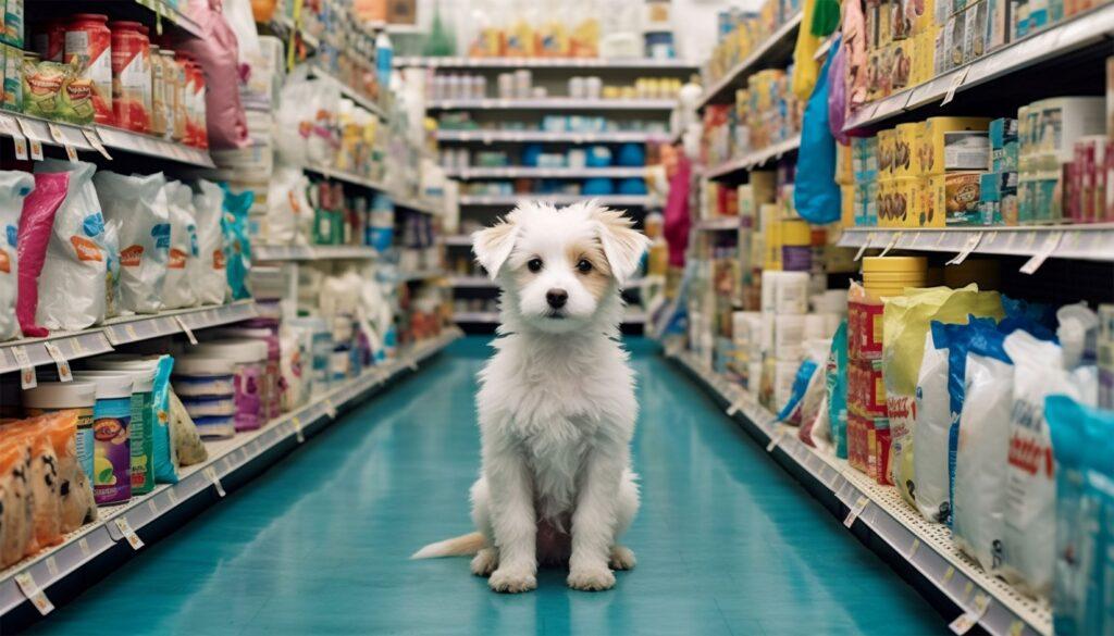 Netter lustiger Hund im Supermarkt, der im Supermarkt einkauft. Hündchen sitzt in einem Einkaufswagen auf verschwommenem Hintergrund des Einkaufszentrums.