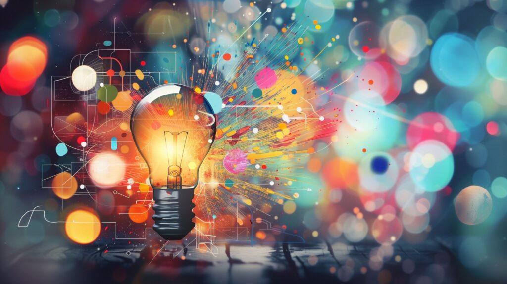 Eine Glühbirne, umgeben von bunten, abstrakten Elementen, symbolisiert innovative und kreative Marketingstrategien für Online Lotto Anbieter.