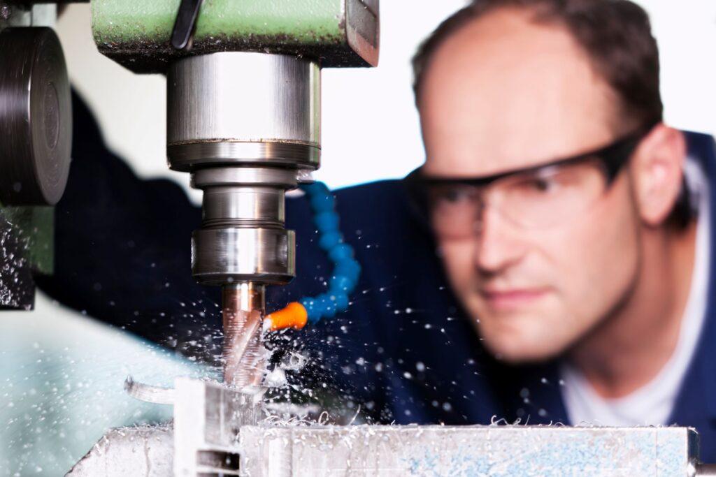 Nahaufnahme einer CNC-Fräsmaschine während des Fräsprozesses. Ein Mann mit Schutzbrille beobachtet die präzise Bearbeitung eines Werkstücks, während Metallspäne und Kühlmittel spritzen