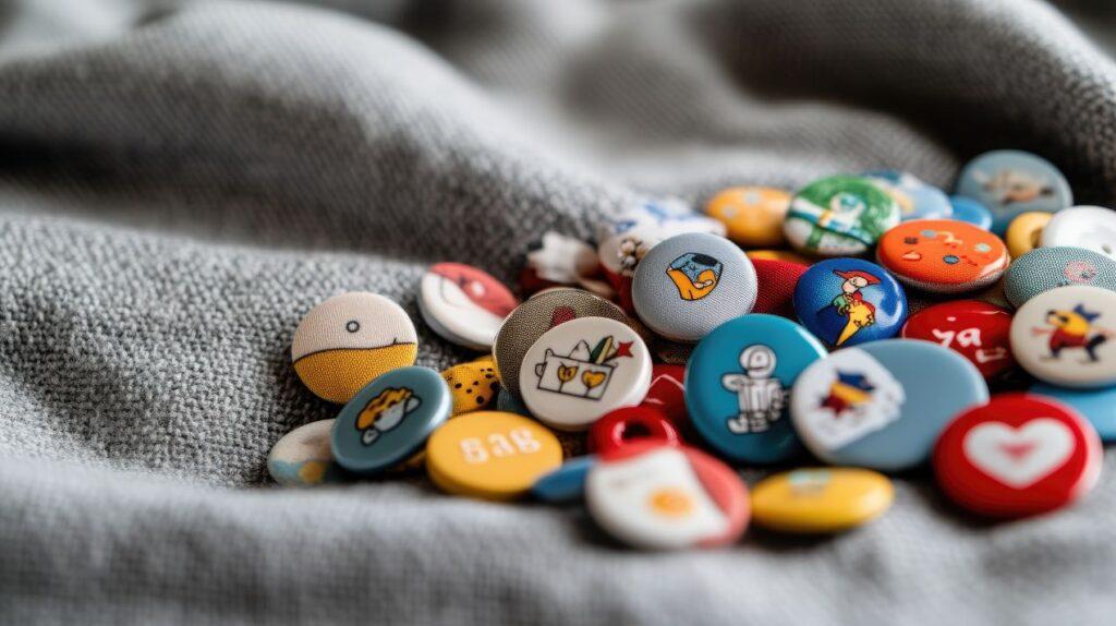 Eine Sammlung bunter DIY-Ansteckbuttons mit individuellen Designs auf einem grauen Stoffhintergrund. Buttons bestellen für kreative Projekte und Events.